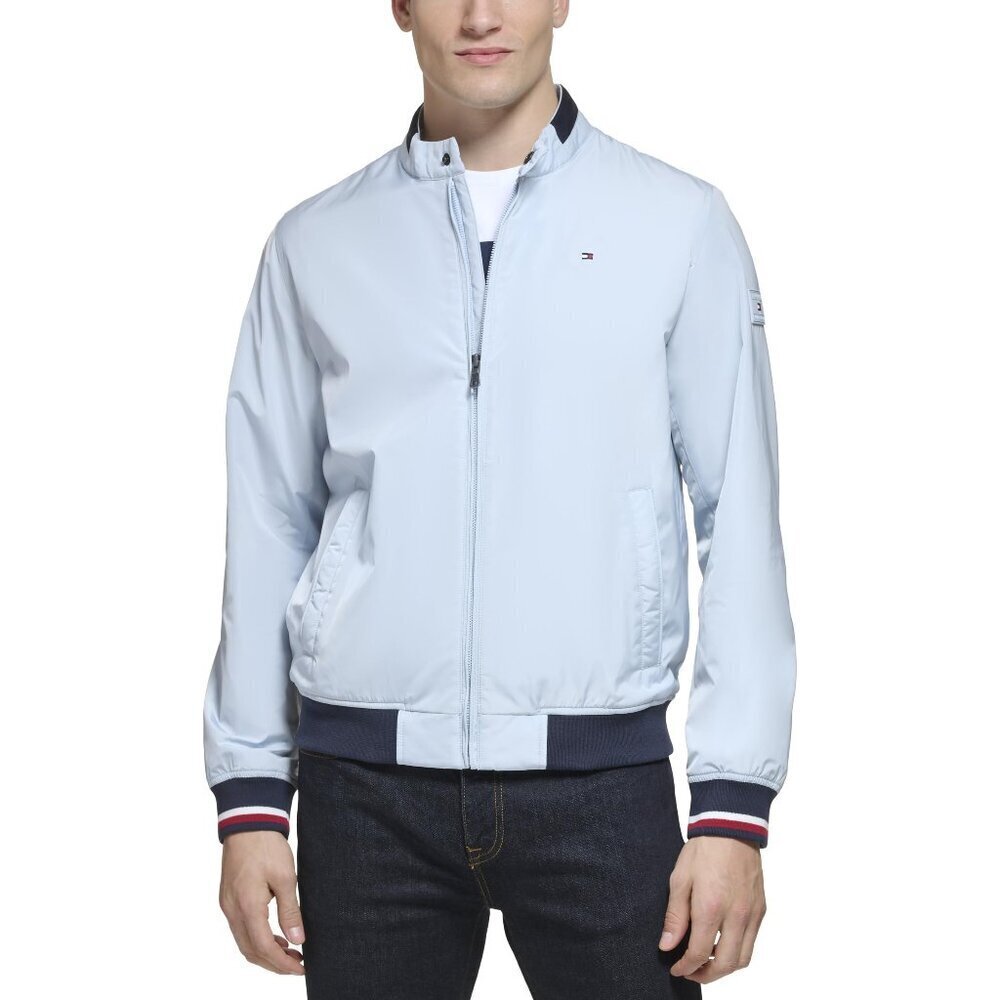 Tommy Hilfiger Men's Lightweight Varsity Rib Knit Bomber Jacket, Pastel Blue